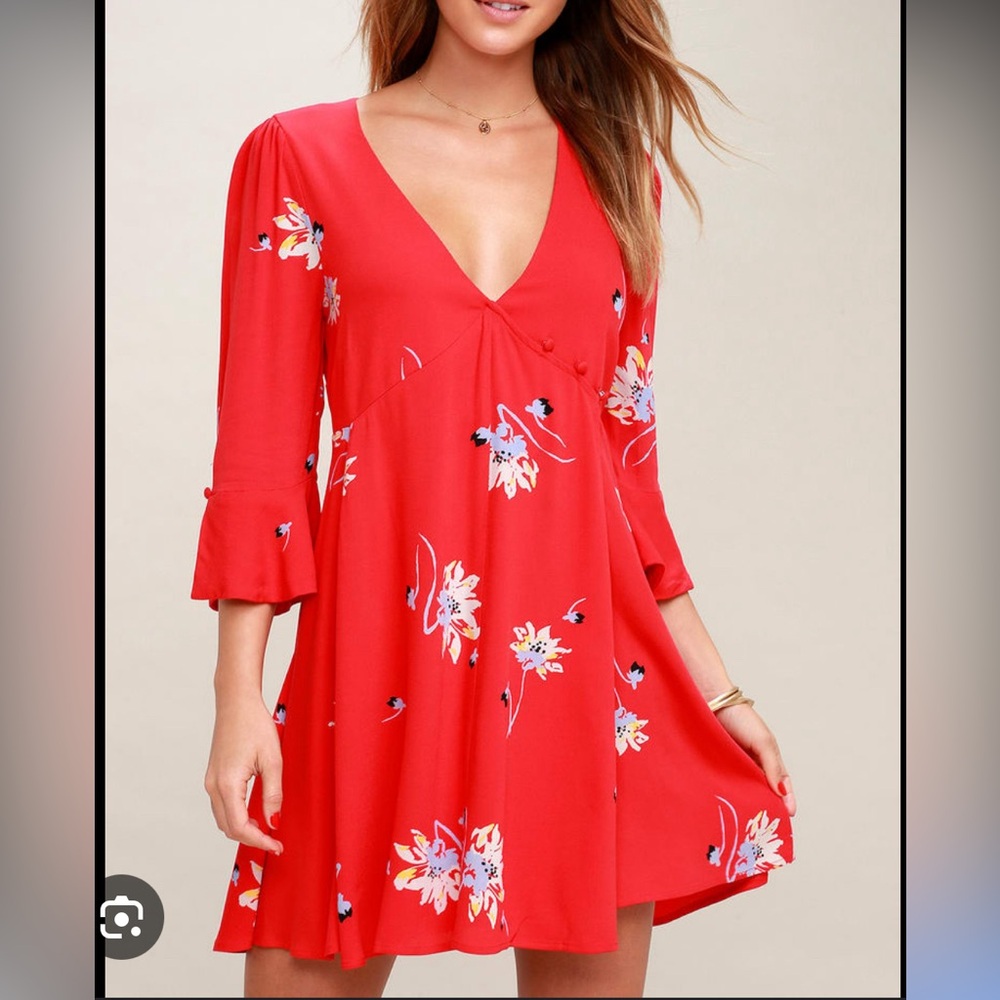 Red Floral V-Neck Swing Dress